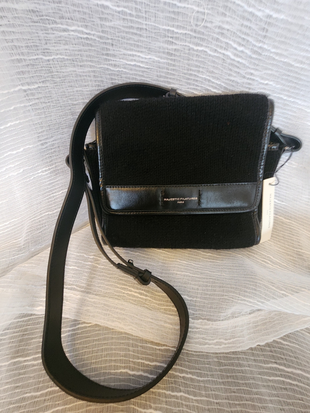 NWT Majestic Filatures Paris Black 100% Leather Wool Knit Crossbody Bag